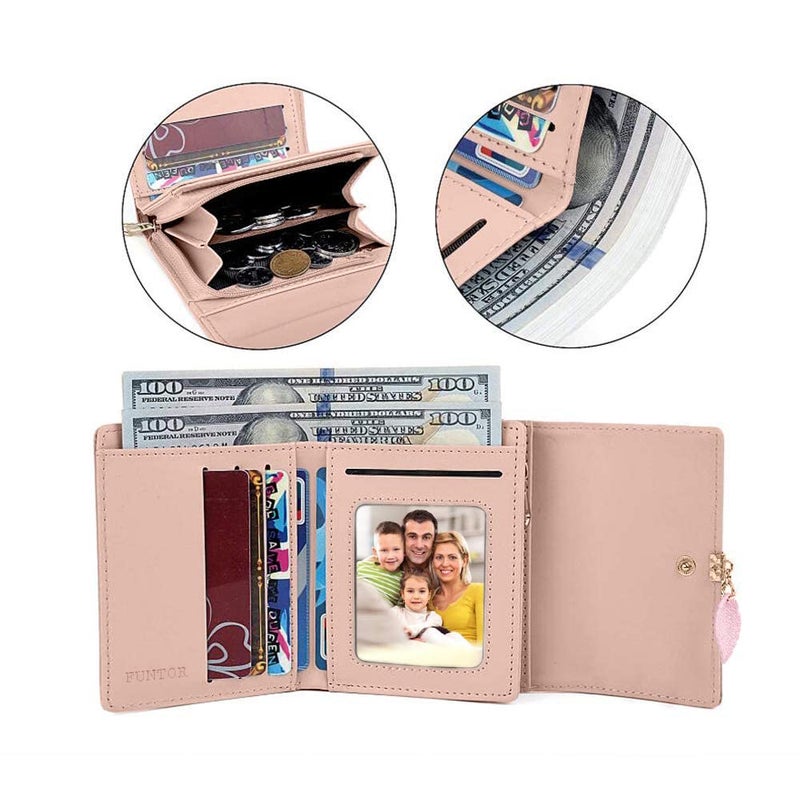 FT FUNTOR RFID Wallets for Women, Leaf Card Holder Trifold Ladies Wallets Coins Zipper Pocket with ID Window Green - Image 4